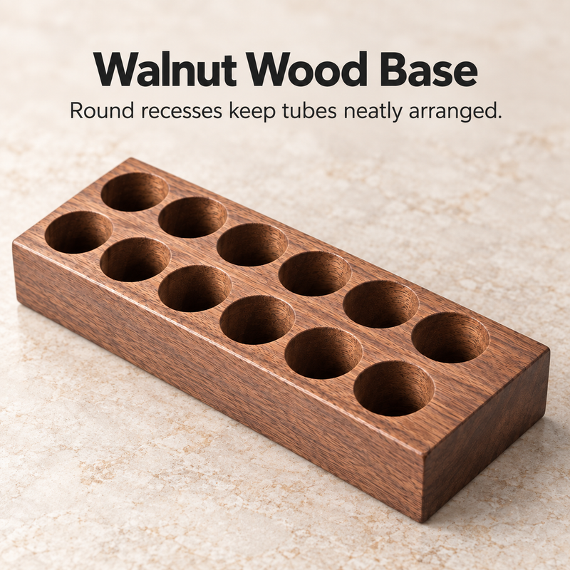 Walnut wood coffee tube base with 12 circular recesses arranged in two rows