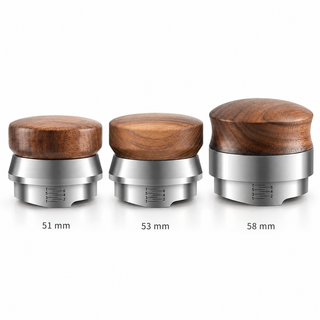 Yozcoffee walnut espresso distributor in 51 mm, 53 mm and 58 mm sizes on white background