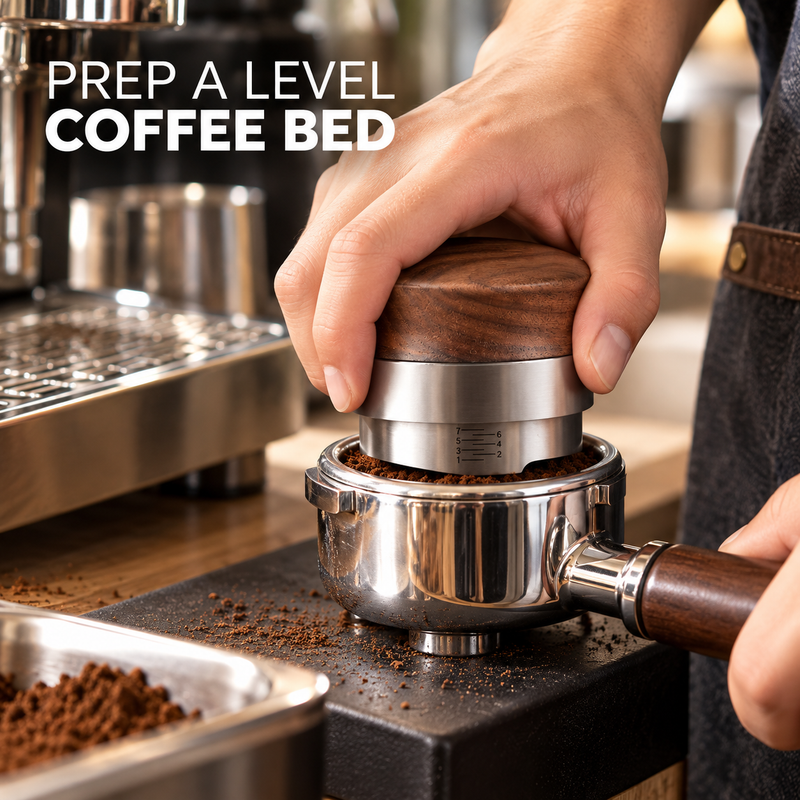 Walnut Espresso Distributor – Adjustable Depth, 51/53/58mm - immagine del prodotto