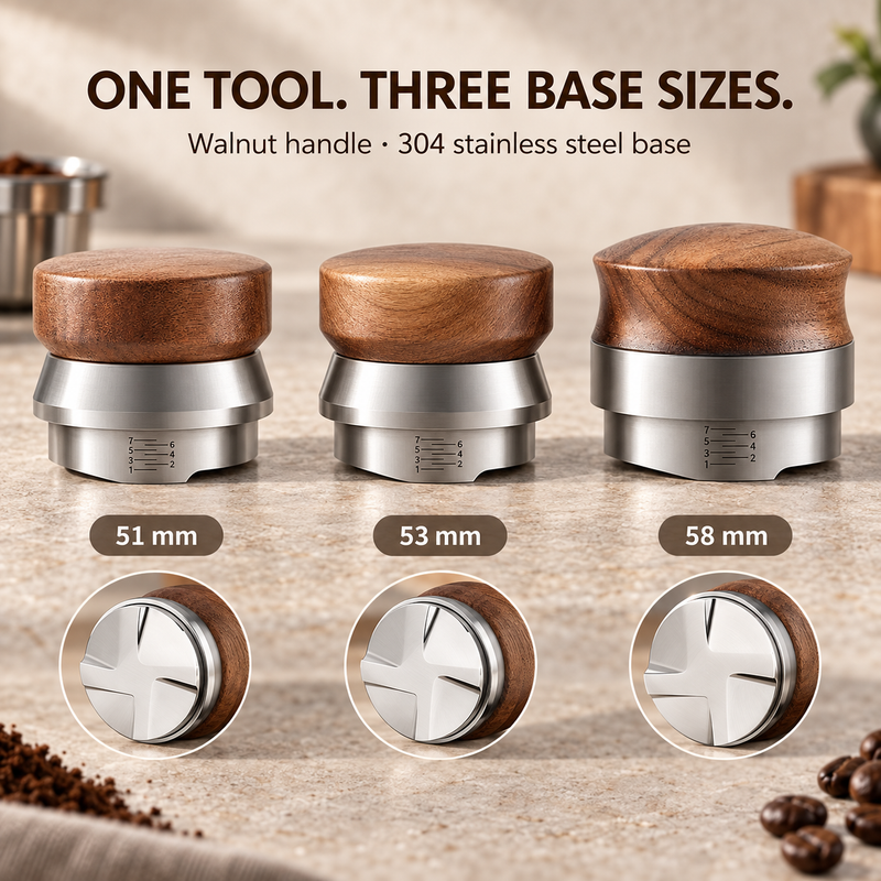 Walnut Espresso Distributor – Adjustable Depth, 51/53/58mm - immagine del prodotto