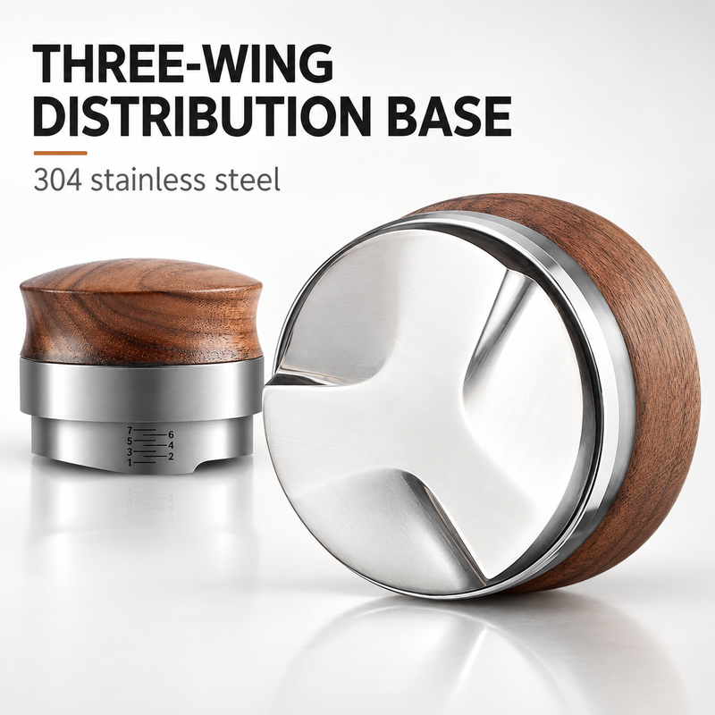 Walnut Espresso Distributor – Adjustable Depth, 51/53/58mm - immagine del prodotto