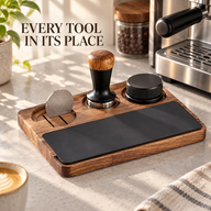 Walnut espresso tool organizer on a coffee bar with tamper distributor and puck screen