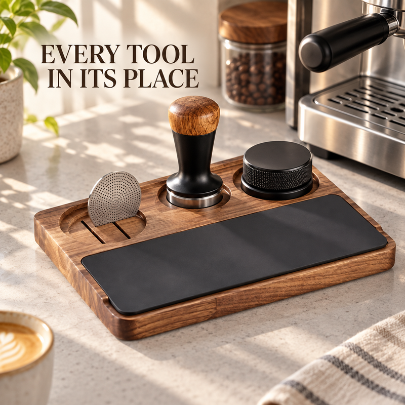 Walnut espresso tool organizer on a coffee bar with tamper distributor and puck screen
