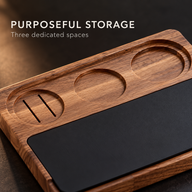 Close-up of three storage recesses and two puck screen slots in walnut espresso station
