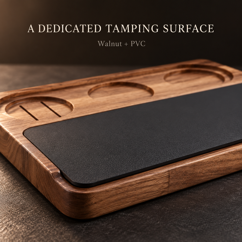 Close-up of black PVC tamping pad and rounded walnut edge