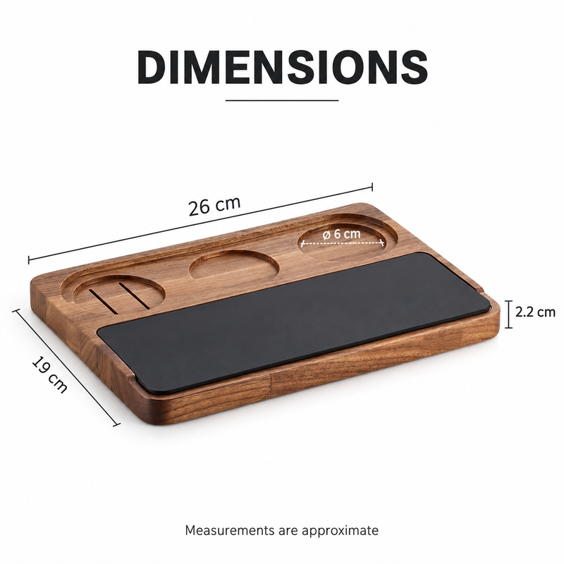 Dimensions of walnut espresso tamping board: 26 by 19 by 2.2 cm with 6 cm recess