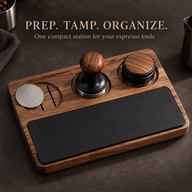 Top view of walnut espresso station organizing a puck screen tamper and distributor
