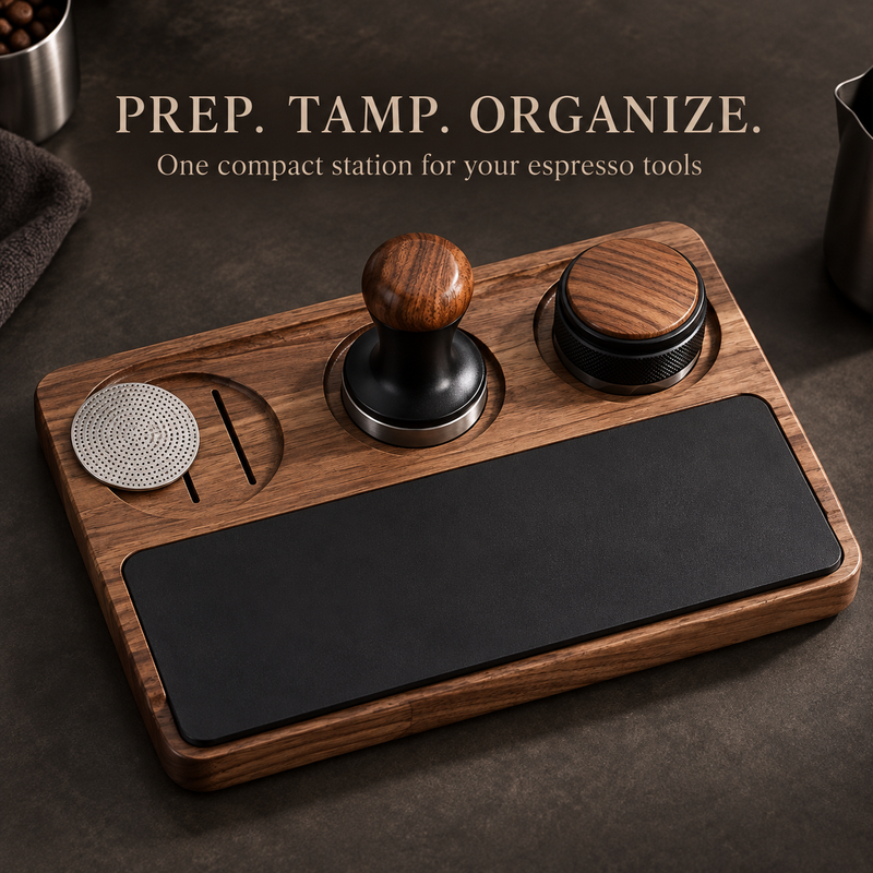 Top view of walnut espresso station organizing a puck screen tamper and distributor