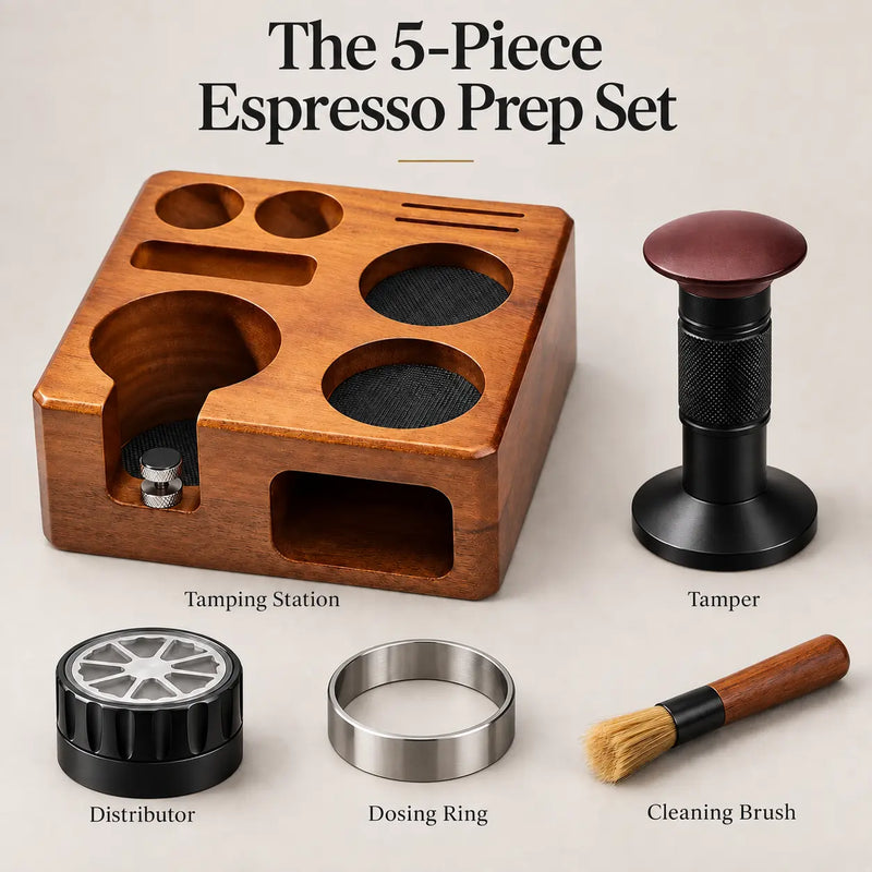 Yozcoffee Tamperstation-Set aus Walnussholz – 5-teilig, 58 mm - Produktbild