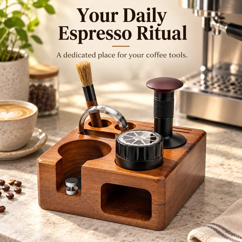 Yozcoffee Tamperstation-Set aus Walnussholz – 5-teilig, 58 mm - Produktbild