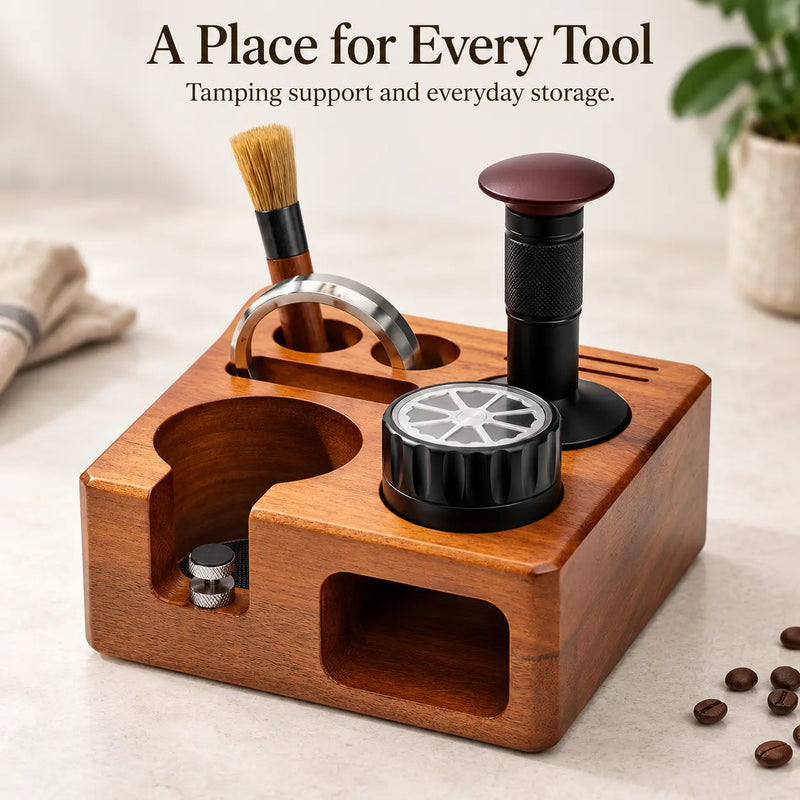 Yozcoffee Tamperstation-Set aus Walnussholz – 5-teilig, 58 mm - Produktbild