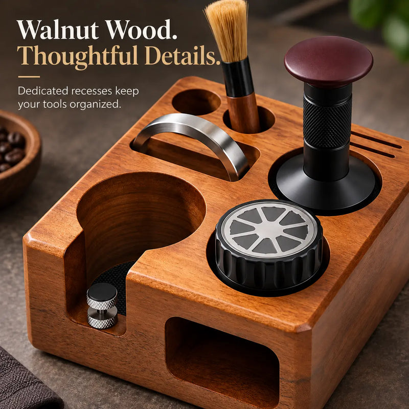 Yozcoffee Tamperstation-Set aus Walnussholz – 5-teilig, 58 mm - Produktbild