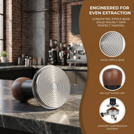 Espresso Tamper 51/53/58mm Walnut Wood Constant Force: close-up key components finish