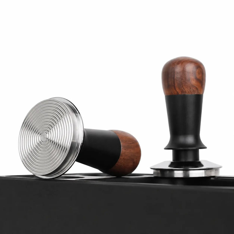 Espresso Tamper 51/53/58mm Walnut Wood Constant Force — shown in a home coffee-bar setup