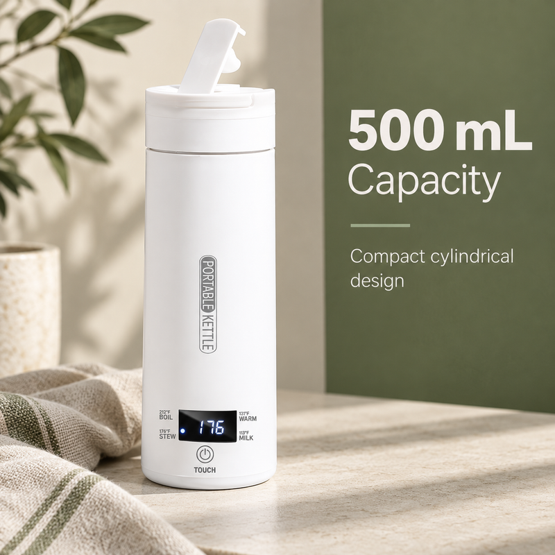 White cylindrical flip-top electric travel kettle with a 500 mL capacity