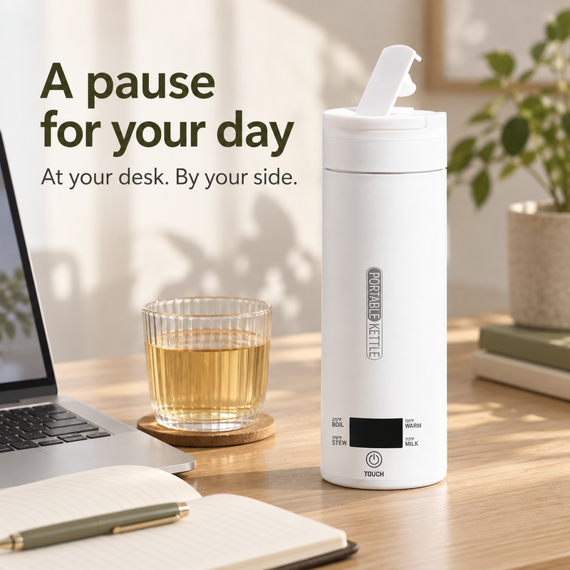White 500 mL portable kettle beside a tea glass on a home office desk