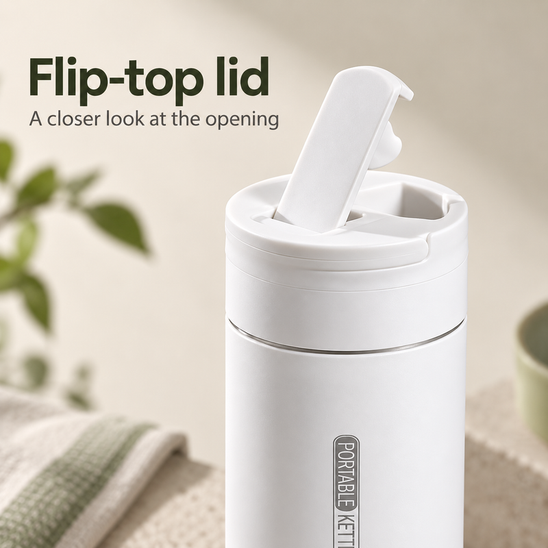 Close-up of the hinged flip-top lid and opening on the white portable kettle