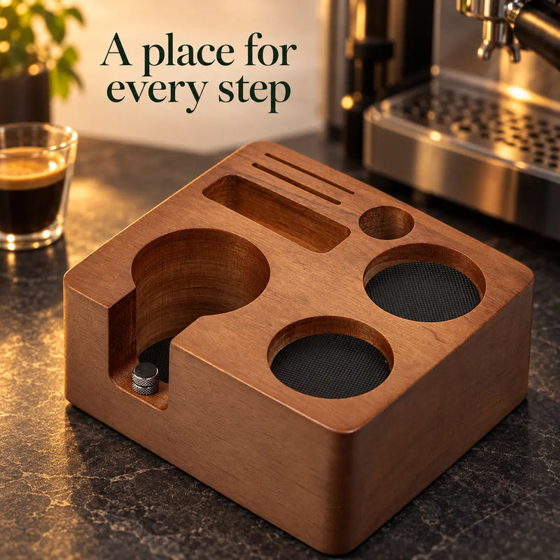 Yozcoffee wooden tamping station base beside an espresso machine on a dark coffee counter