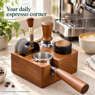 Wooden espresso tamping station on a home coffee counter; accessories shown for illustration and not included