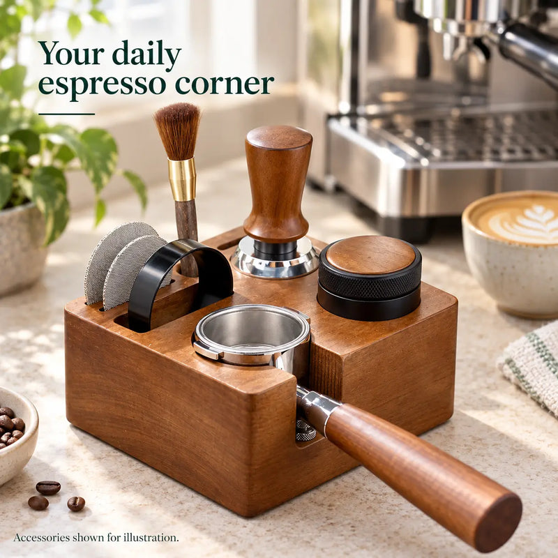 Wooden espresso tamping station on a home coffee counter; accessories shown for illustration and not included