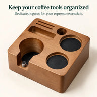 Empty wooden espresso organizer with two round tool recesses, screen slots and a portafilter cradle