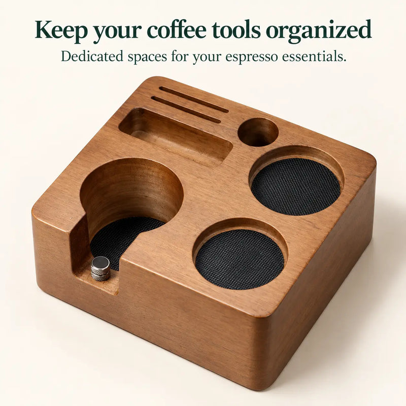 Empty wooden espresso organizer with two round tool recesses, screen slots and a portafilter cradle