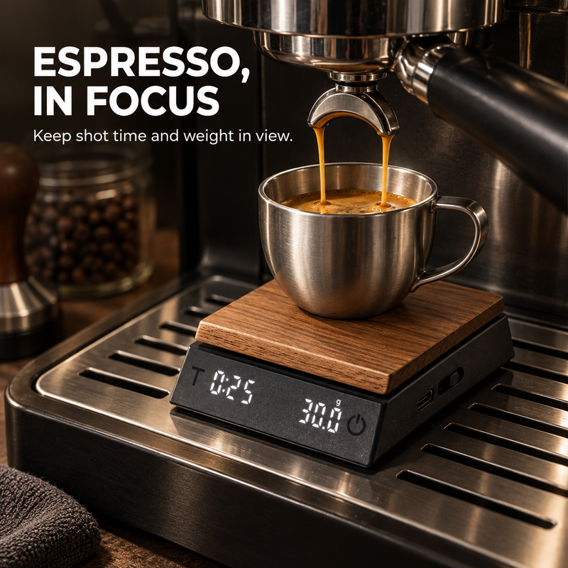 Coffee Scale with Timer – Wood-Grain, 0.1g, USB-C Rechargeable - immagine del prodotto