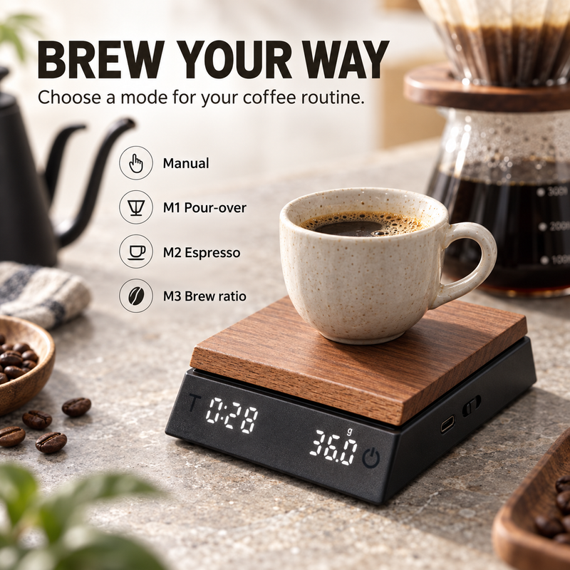 Coffee Scale with Timer – Wood-Grain, 0.1g, USB-C Rechargeable - immagine del prodotto