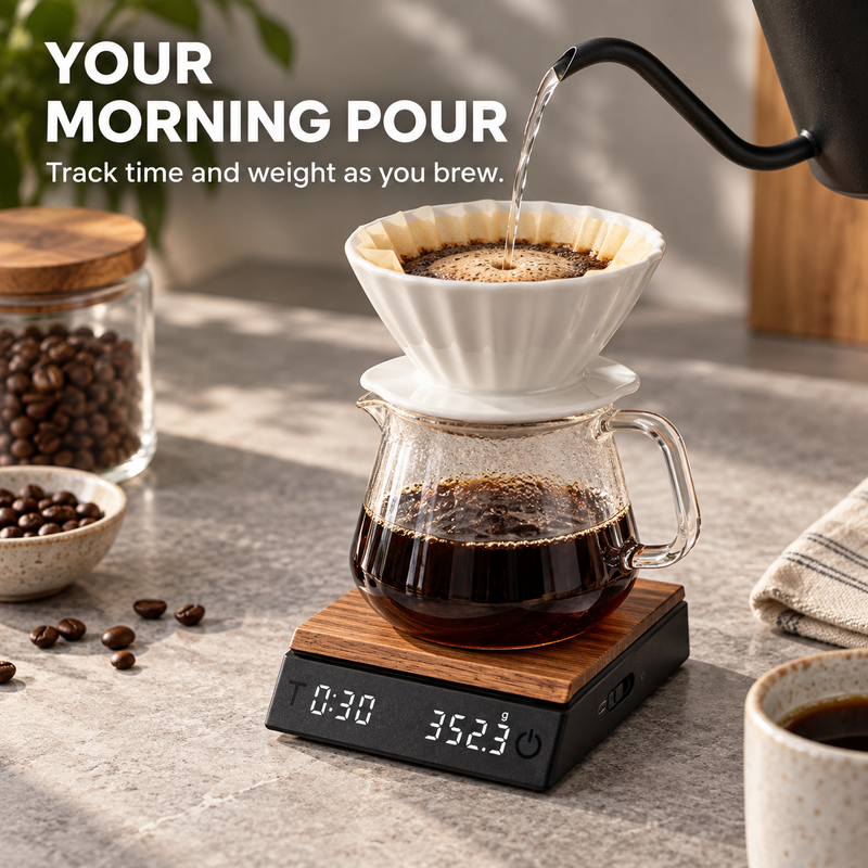 Coffee Scale with Timer – Wood-Grain, 0.1g, USB-C Rechargeable - immagine del prodotto