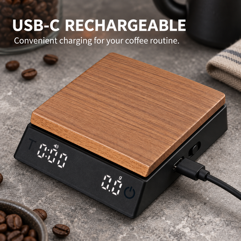 Coffee Scale with Timer – Wood-Grain, 0.1g, USB-C Rechargeable - immagine del prodotto