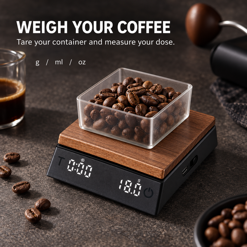 Coffee Scale with Timer – Wood-Grain, 0.1g, USB-C Rechargeable - immagine del prodotto