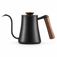 Yozcoffee black gooseneck pour-over kettle with dark wooden handle and lid knob