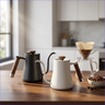 Yozcoffee wooden handle gooseneck pour over kettle in a warm home coffee setup