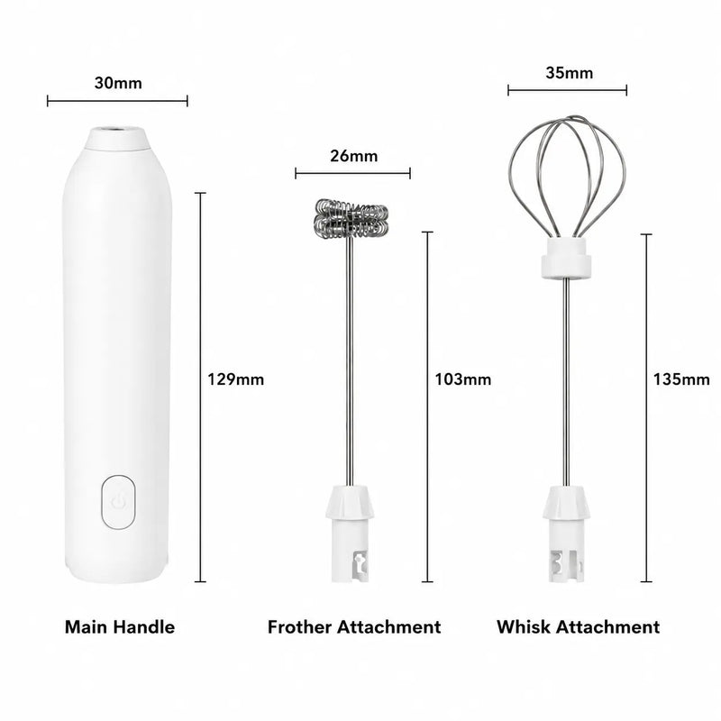 Rechargeable Electric Milk Frother, 3-Speed Whisk: attachments dimensions