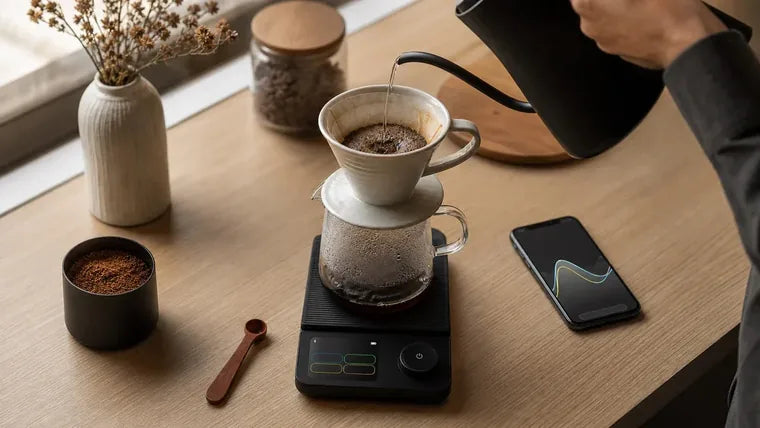 Yozcoffee pour-over brewing on a smart scale with phone brew timer